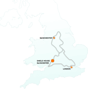 Colocation map of the UK showing Manchester, Gloucester and London